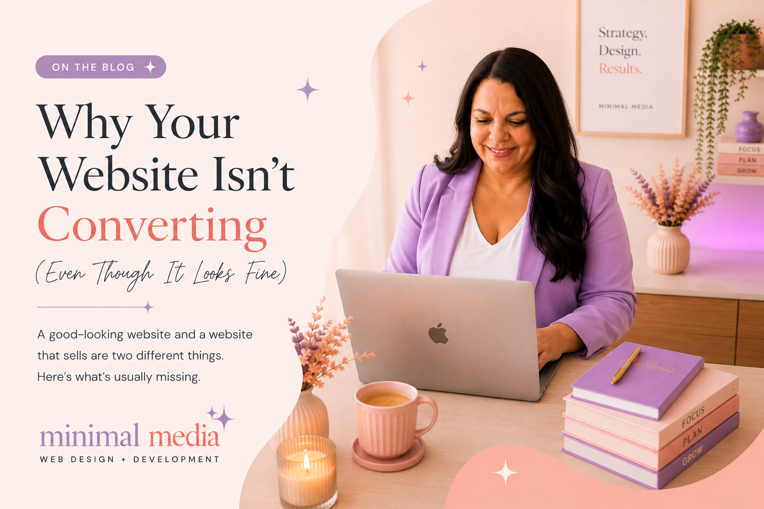 Allinta working on a laptop in a lavender and coral styled workspace